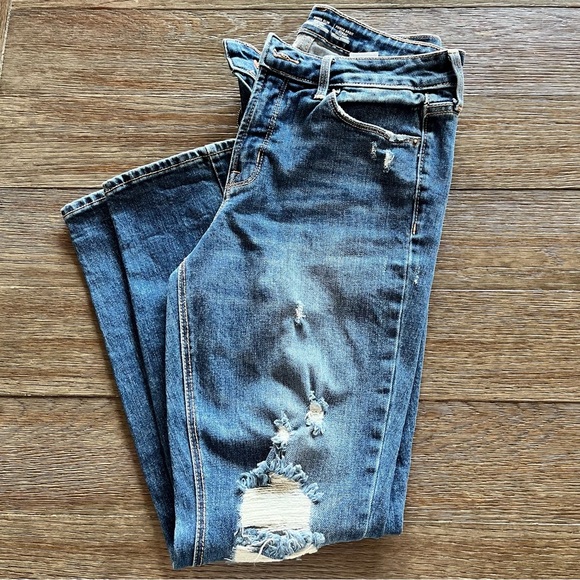 Old Navy Women’s High Rise Distressed Power Slim Straight Jeans Dark Wash Size 6 - Picture 1 of 6